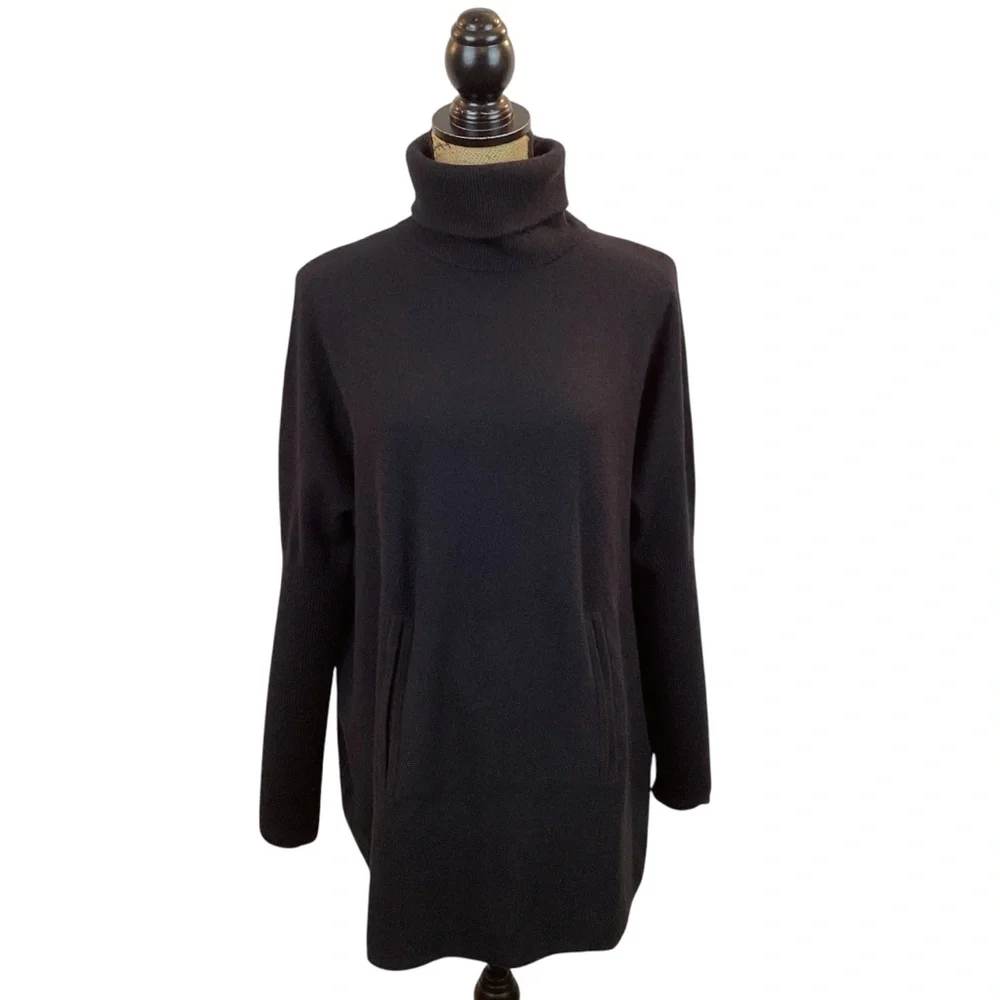 Garnet Hill Cashmere Wool Oversized Turtleneck Sweater Kangaroo Pocket Black - Picture 2 of 15